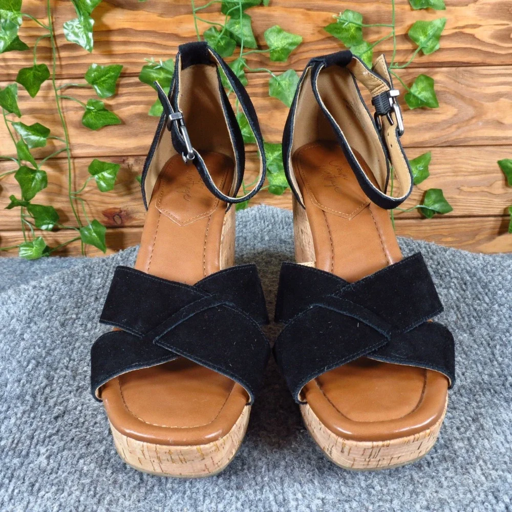 Crown‎ Vintage Chalina Women Platform Wedge Sandals Size 8 Casual Black Leather